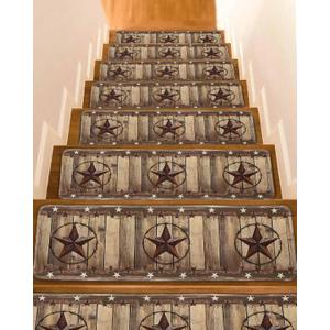 Stair Treads 8"x30"(15 pcs),Retro Texas Western Star on Wood Indoor Stair Runners Carpet Stair Tread,Country Farmhouse Wooden Non-Slip Staircase Step Treads for Kids,Elders,Pets (15 in Pack, brown)