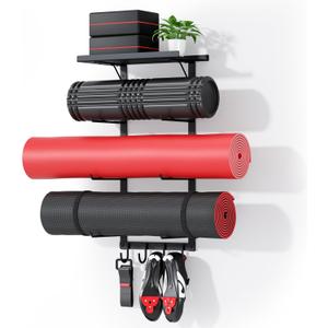 Yoga Mat Holder Wall Mount, Yoga Accessory Mat Storage Rack, Home Gym Accessories Organizer, Floating Shelf and Hooks for Hanging Foam Roller/Band/Workout Equipment at Pilates Fitness Class