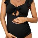 Charmo Ruffle Maternity Bathing Suits for Women Ribbed Tie Knot Maternity Swimsuit Cutout Ruched Pregnancy Swimwear (Medium, Black)