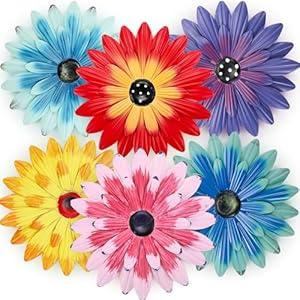 Zhehao 6 Pcs Metal Flower Wall Art Decor Sunflower Wall Decorations Hanging Outdoor Metal Wall Art Multicolored Handmade Metal Flowers Outdoor Decor (Cute Color, 10 Inch)