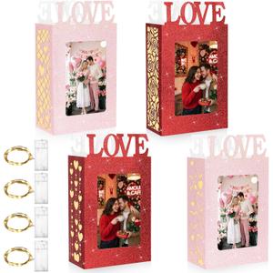 Yerliker 4 Pcs Valentine's Day Centerpiece for Table Picture Frame Decorations with 4 LED Mini Lights for Home DIY Valentine Gift Wedding Anniversary Decor No Battery (Love,Red,Pink)