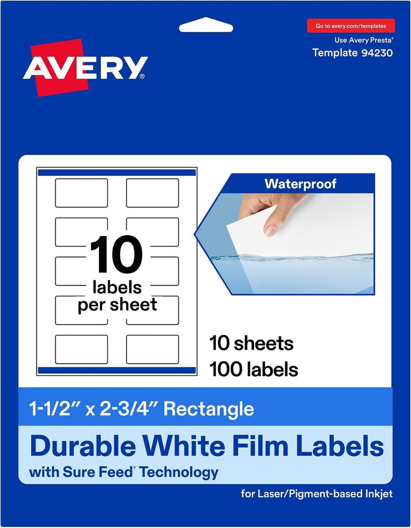 Avery Printable Durable White Rectangle Labels, Sure Feed Technology, 1.5" x 2.75", Print-to-the-Edge, Waterproof Labels, Laser & Pigment-Based Inkjet Compatible, 100 Total
