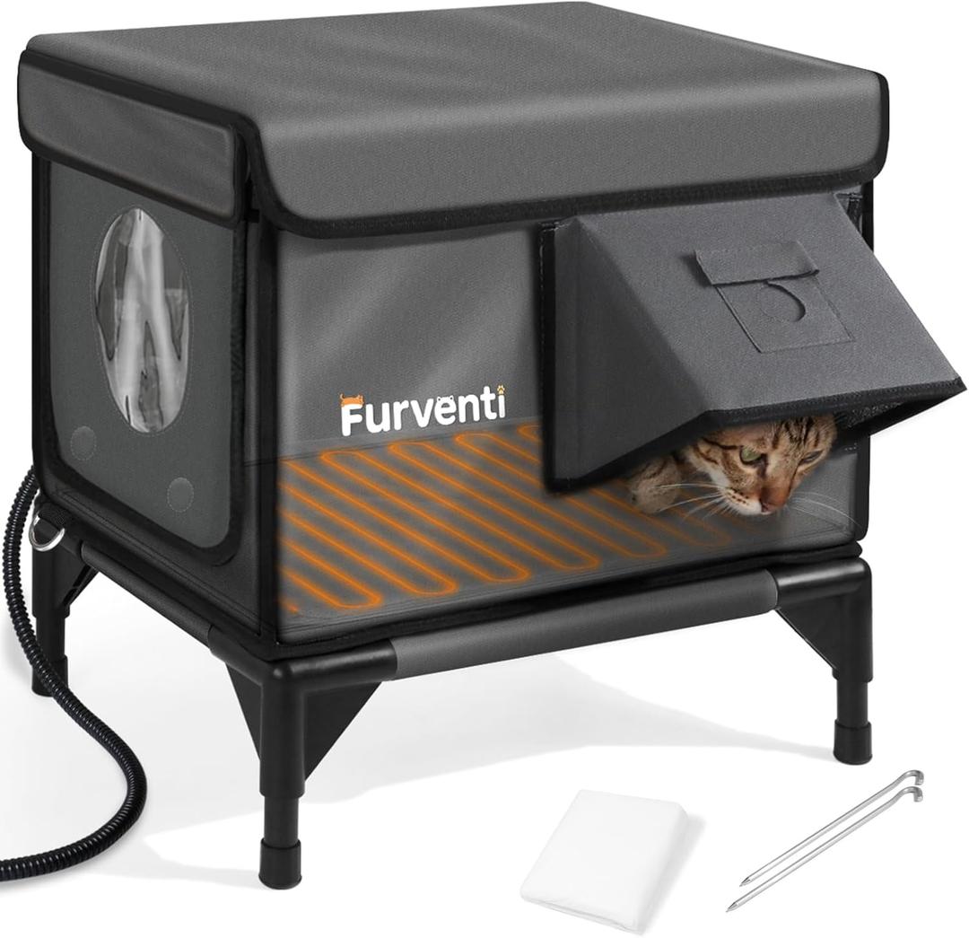 Heated Cat House for Outside,Dual Camera Mounts,100% Weatherproof & Extremely Insulated,Elevated Feral Cat Shelter with Escape Door,Waterproof Eaves for Outdoor Stray Barn Cat(Dark Grey,S) (16.5"L x 12.6"W x 17.7"H)
