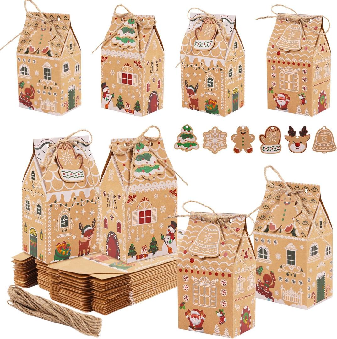LOMIMOS 24 Pcs Small Christmas Treat Boxes,Mini Kraft Gingerbread House Boxes Christmas Candy Goodie Bags with Gift Tags for Xmas Party Favors Gifts Wrapping Classroom Prizes Stocking Stuffers