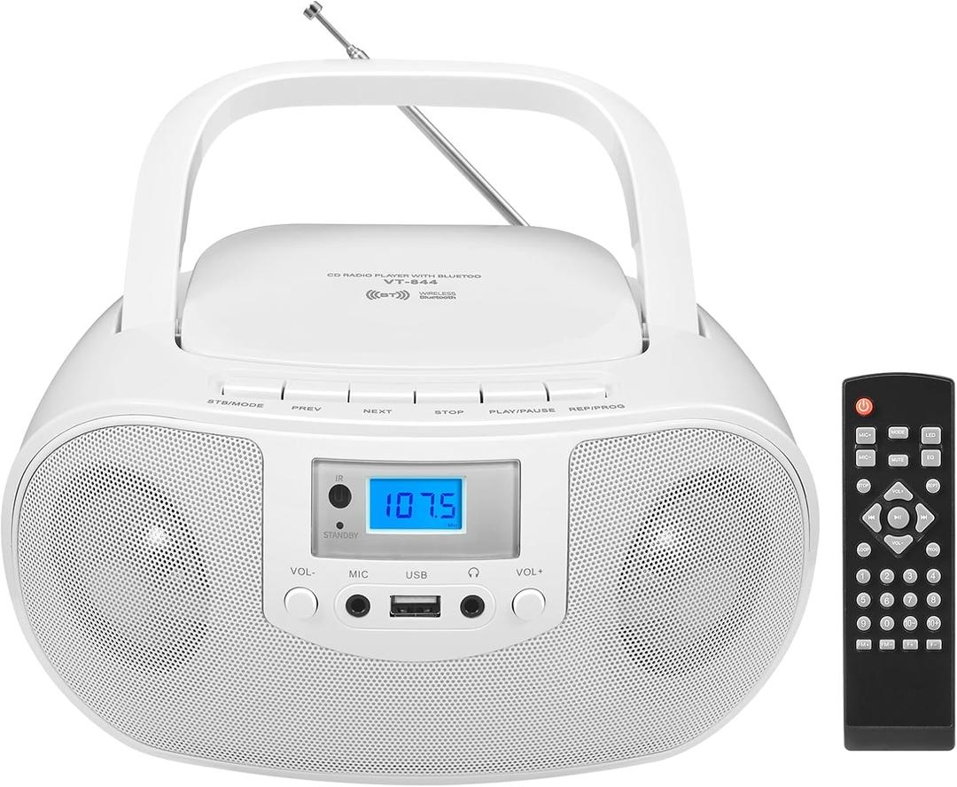 Portable Stereo CD Player Boombox, FM Radio with Bluetooth, Remote Control,CD Players for Home with Headphone/Mic Jack, LED Light Support CD-R/RW/MP3, USB, AC/Battery Operated, White
