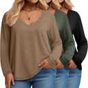 3 Pack Women's Plus Size T Shirts, Casual Long Sleeve Tops V Neck Basic Shirts Fall Loose Fit Soft Tops (X-Large, Black, Army Green, Dark Khaki)