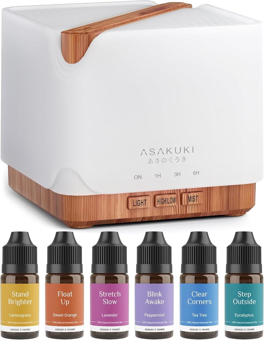 ASAKUKI Essential Oil Diffuser 700ml, Ultrasonic Aromatherapy Humidifier with Top 6 Essential Oils Set, 7 LED Colors, Timer & Auto-Off, Large Room Diffuser (Golden)