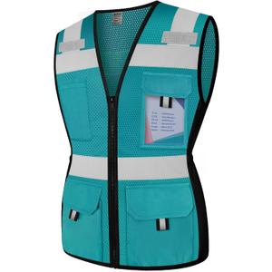 TCCFCCT Safety Vest for Women 11 Pockets Mesh Reflective Vest with Zipper, High Visibility Neon Construction Work Vest for Lady Workers/Drivers, Snug-Fit & Durable, ANSI Compliant, Malachite Blue M