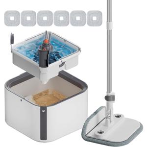 KZKR Upgraded Spin Mop and Bucket Set, Separate Clean and Dirty Water System, 360° Foldable Square Mop Bucket Head with Washable Microfiber Mop Pad, Detachable Bucket for Home Floor Cleaning