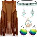 60s 70s Outfits for Women Hippie Costume Accessories Fringe Vest Sunglasses Necklaces Earring Headband, M