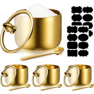 Baderke 4 Pcs 9.8 oz Stainless Steel Sugar Bowl Sugar Container Condiment Dispenser with Lid and Spoon with Tag for Spice Coffee Tea Pepper Herbs(Gold)