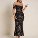 KUTUMAI Off The Shoulder Maxi Long Dress Corset Ruched Bodycon Cocktail Formal Wedding Guest Dresses for Women (Black, M)