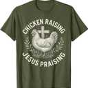 Chicken Raising & Jesus Praising Retro Farm T-Shirt, M, Olive Green