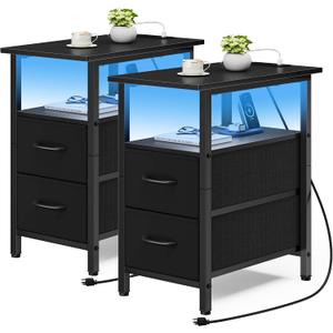 Vagusicc Set of 2 Black Nightstand with Charging Station and LED Lights, Narrow Side Table, LED Night Stand with 2 Fabric Drawers, Bedside Table Small End Table, Tall Nightstand for Bedroom, Black