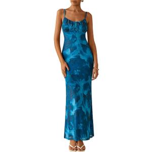 PRETTYGARDEN Women's Floral Bodycon Maxi Dress Summer Beach Sundress Sleeveless Spaghetti Strap Wedding Guest Dress (Blue, L)