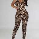 Women's Halter Bodycon Black Jumpsuits - One Piece Backless Leopard Summer Casual Workout Club Pants Rompers Outfits Catsuits (XL)