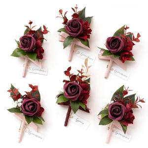 Ling's moment Boutonniere for Men, 6pcs Groom Groomsmen Boutonniere, Artificial Flowers for Wedding Decor/Prom/Homecoming, etc.Burgundy Marsala