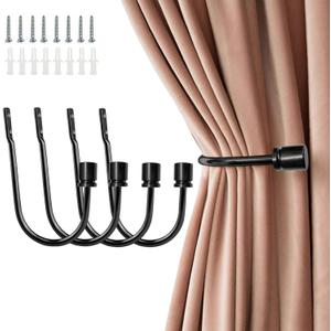 Coolnice Curtain Holdback,4 Pack Wall Mounted Drapery Tiebacks with Screws, Heavy Duty Metal Decorative Window Drapery Holder Curtain Hook U Shape for Home Office,Black