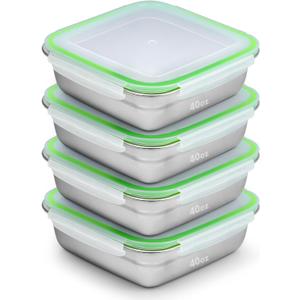 4 Pack Sandwich Containers, 40oz Stainless Steel Sandwich Box with Airtight Lids, Reusable Metal Meal Prep Lunch Boxes, BPA-Free, Dishwasher Safe, Large Capacity Food Storage Containers (Green)