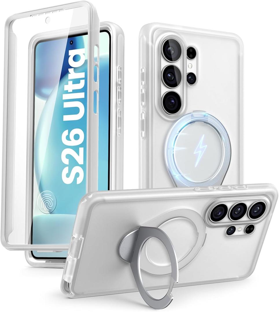 i-Blason for Samsung Galaxy S26 Ultra Case with Magnetic Stand, Built-in Screen Protector [Compatible with MagSafe] Anti-Yellowing Full-Body Slim Ring Holder Shockproof Phone Case, Frost Clear