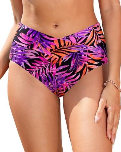 Women V Cut Full Coverage Bikini Bottom - High Waist Swim Bathing Suit Bottoms Cross V Front Swimsuit L