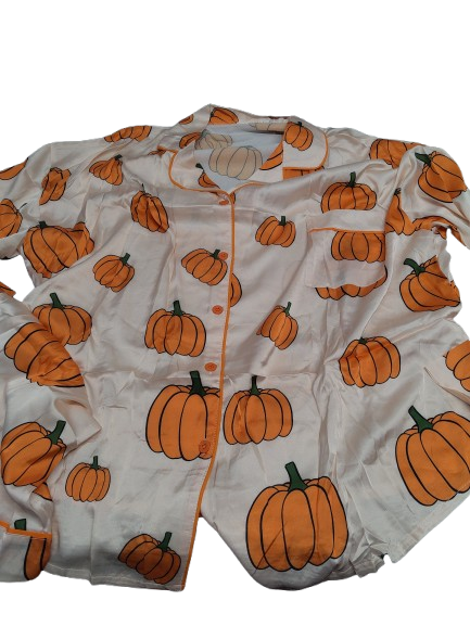 MBZJSDKHLK Women's Halloween Silk Satin Ghost Pumpkin Print Long Sleeve Button Down Shirt , L