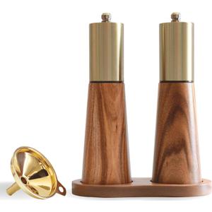 Gold Salt and Pepper Grinder Mill Set With Wood Base, Free Gold Funnel,Stainless Steel Manual Salt Shaker and Pepper Mill,Adjustable Thickness,Suitable For Kitchen (Salt & Pepper Grinder)