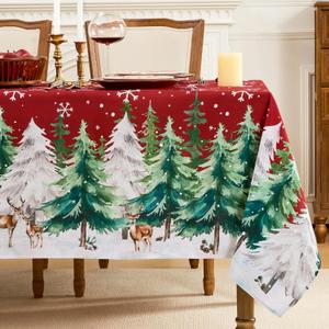Romanstile Red Christmas Tablecloth Rectangle 60 x 102 Inch, Waterproof Winter Table Cloth with Deers Tree Print, Stain Resistant Farmhouse Table Cover for Holiday, Dinner, Party