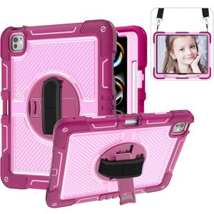 Case for iPad Pro 13 Inch 2024 M4 (7th Generation) Kids,Rugged Heavy Duty Shockproof Protective with 360Rotating Stand,Pencil Holder,Hand/Shoulder Strap Cover for Girls,Women,Rosy Red+Pink