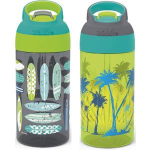 Zak Designs 16oz Riverside Beach Life Kids Water Bottle with Straw and Built in Carrying Loop Made of Durable Plastic, Leak-Proof Design for Travel, 2PK Set (Multicolor)