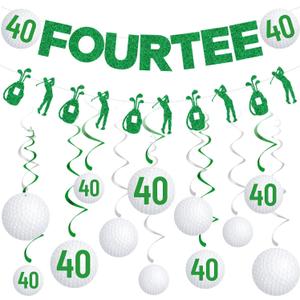 Gameza 40th Birthday Party Decorations, 14PCS Golf Birthday Banner Hanging Swirls Decoration Women Men, Glitter Fourtee Theme Bday Party Decor Supplies