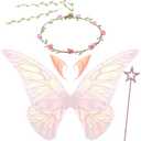 Sratte 4 Pcs Fairy Butterfly Wings for Girls Kids Princess Floral Crown Star Wand Ears Halloween Dress up Costume Accessories(Pink)