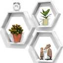 Hexagon Floating Shelves Set of 3, White Wooden Hexagon Shelves for Wall Decor, Modern Honeycomb Floating Hanging Shelf, Decorative Wall Organizer for Living Room, Bedroom, Bathroom