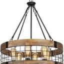 6-Light Farmhouse Chandelier for Entryway, Rustic Dining Room Light Fixtures, Industrial Drum Hanging Lighting for Kitchen Island Foyer, Black Wood and Black Metal Finish