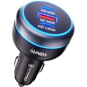 SUNDA 230W USB C Fast Car Charger, 3-Ports Car Charger Adapter, Dual Type C PD140W/PPS63W Compatible with iPhone17/16Pro/Max/iPhone15/Laptop/Galaxy/SamsungS25, USB-A 45W QC3.0 for Android
