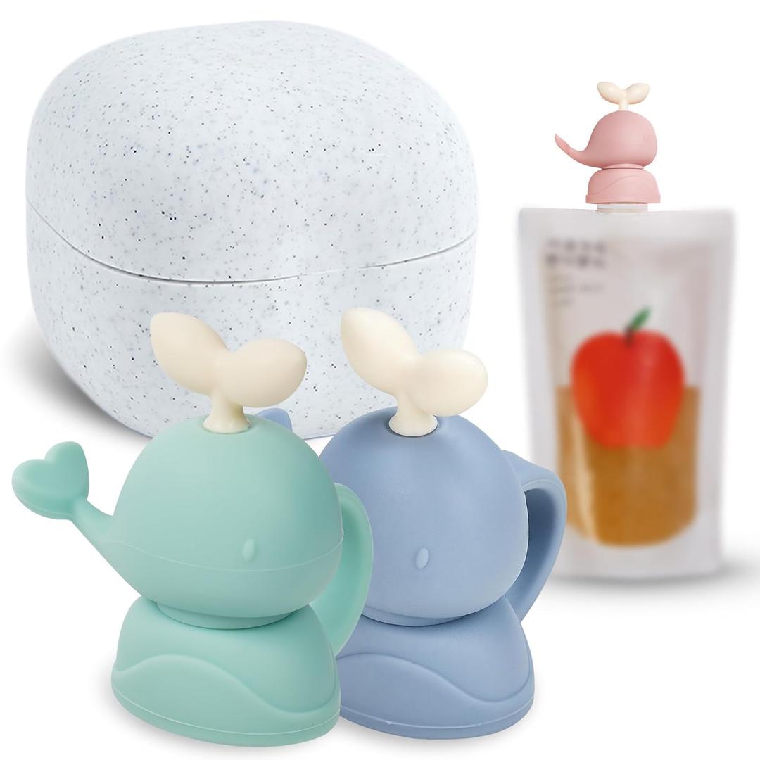 Whale SoftSip Food Pouch Topper | 2EA + Travel Case | Prevent Spills & Leakage | Protect Child Baby Toddler Mouth | Food Grade Silicone Reusable | Baby Led Weaning | BPA Free| Mint+Blue