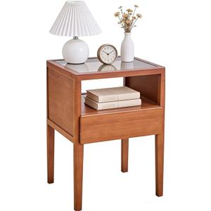JIKUGO Walnut Grey Bamboo Nightstand with Glass Top, 2-Tier End Table with Drawer and Open Shelf, Minimalist Side Table for Bedroom Guest Room Living Room, 15.8"W X 14.2"D X 21.9"H
