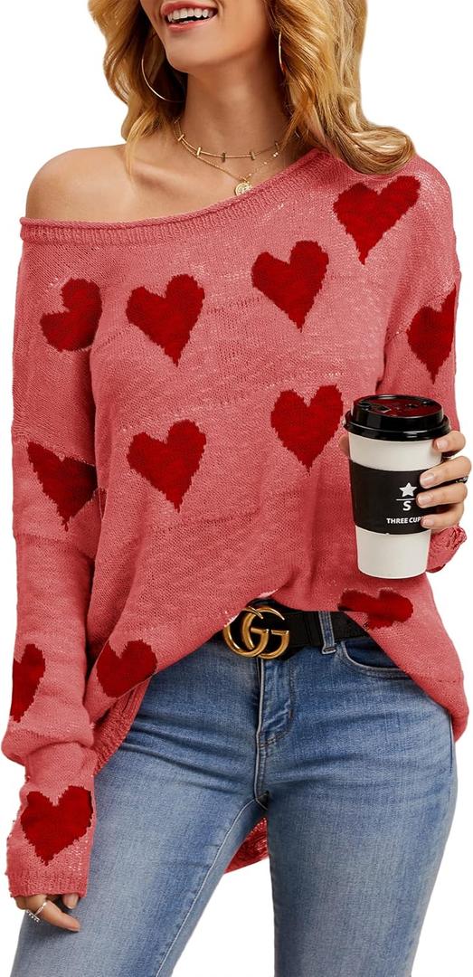 Chang Yun Women Off Shoulder Knitted Pullovers Sweater Loose Long Sleeve Hearts Printed Ripped Tops (X-Large, Strawberry)