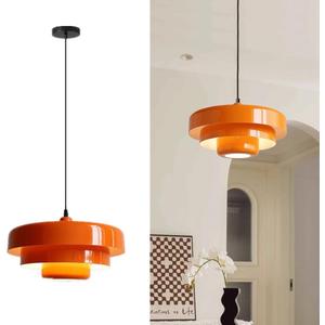Industrial Pendant Lamp 14'' Nordic Ceiling Pendant Lighting, 3-Layer Metal Shade Design, Vintage Hanging Light Flush Chandelier for Kitchen Island, Dining Table Living Room Hallway(Orange)
