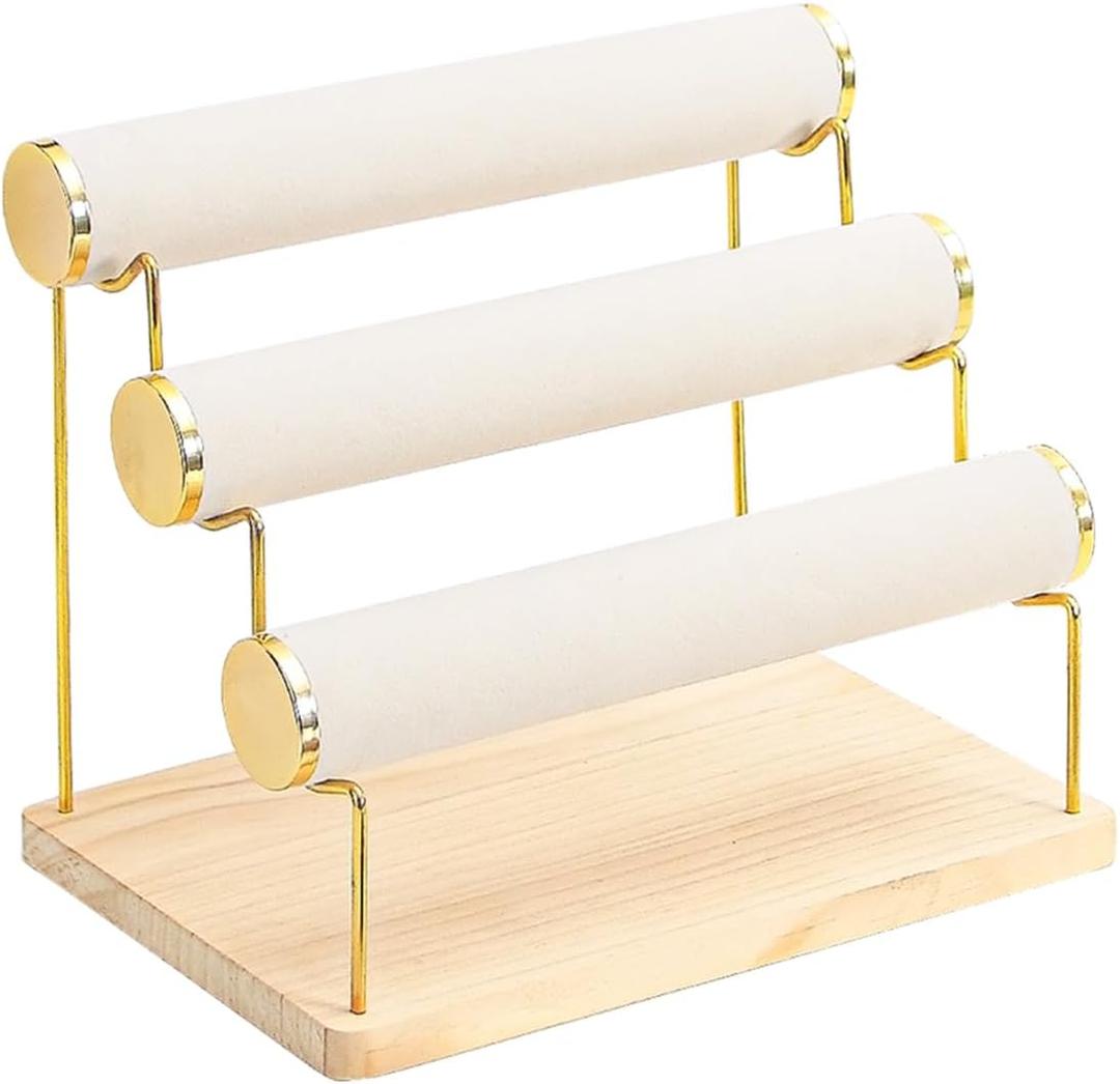 Bracelet Holder, Bracelet Displays for Vendors, 3 Tier Jewelry Organizer Stand for Selling, Jewelry Necklaces Storage Rack with Wood Base (Beige+Gold)