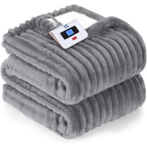 Sealy Electric Blanket Full Size, Soft Ribbed Flannel to Sherpa Reversible Heated Blanket with 10 Heat Settings & 1-12 Hours Auto-Off Overheat Protection, Machine Washable, 72"x84" Light Grey
