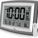 WallarGe Atomic Clock with Outdoor and Indoor Temperature - 12.5 Inch Self-Setting Digital Clock Large Display, Battery Operated Wall Clocks or Desk Clocks for Bedroom, Livingroom, Office, Gray