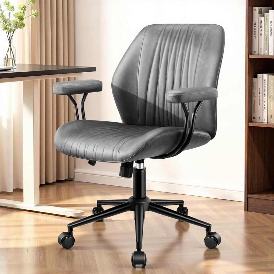 Leather Office Chair with Removable Armrests, Mid Back Ergonomic Desk Chair with Lumbar Support, Adjustable Height Rocking Swivel Executive Chair for Home Office, Dark Gray