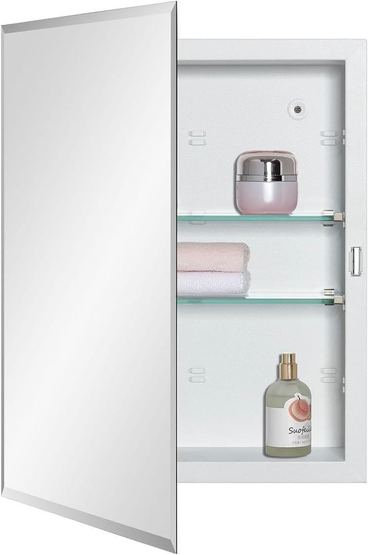 Bathroom Medicine Cabinet with Beveled Edge Mirrored Door 14 x 18 inch, Recessed or Surface Mount, with Adjustable Glass Shelves (Matt White)