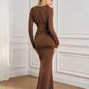 Long Sleeve Maxi Dress Deep V Neck Ruched Bodycon Elegant Semi Formal Wedding Guest Dresses for Women 2025 (Brown)