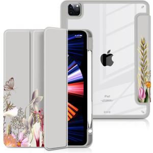 Batianda Hybrid Case for iPad Pro 11-inch 2022 4th M2 2021 (3rd Generation) / iPad Pro 11" 2nd 2020 [Built-in Pencil Holder] Shockproof Cover with Clear Back Shell TPU Bumper,Auto Sleep/Wake,Flowers