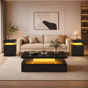 3 Piece Living Room Table Set, Includes 40" LED Coffee Table and 2 LED End Tables with Storage, Modern High Gloss Coffee Table Set for Living Room, Black, 40"+15"