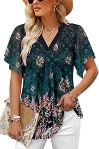 onlypuff Dressy Blouses for Weddings Flutter Sleeve Tops for Women Daffodils Floral Flowy V Neck Shirts Work Tops Chiffon Blouses L