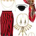 Woman Pirate Costume with Accessories Set,Pirate Skirt Women Adults Head Scarf Skeleton Necklace Sash Chain Belt Eye Patch for Halloween Cosplay Outfits