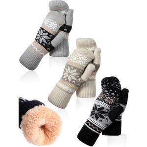 Vicenpal 3 Pairs Women Winter Mittens Snowflake Mitten Fleece Lining Cozy Wool Glove Cold Weather Thick Warm Knitted